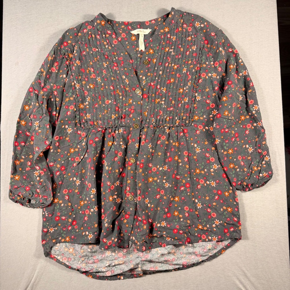 Matilda Jane Floral Pintuck Button Front Blouse Grey Red Orange Rayon Size L